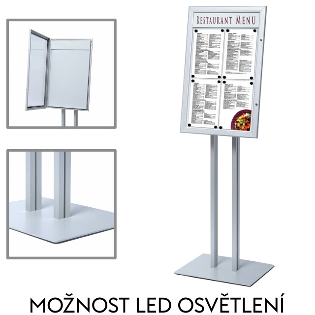 Uzamykatelná menu vitrína na stojanu a prostorem pro logo