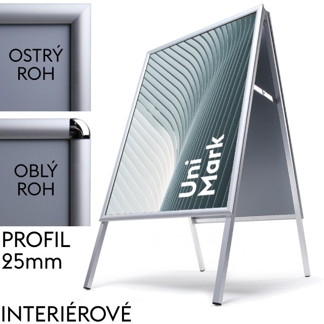 Interiérové reklamní áčko, s profilem (šířkou rámu) 25mm Formát B1 (700 x 1000 mm), ostrý roh 